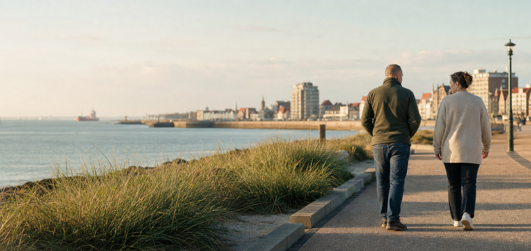 Begeleider en cliënt wandelen samen langs de kust van Vlissingen