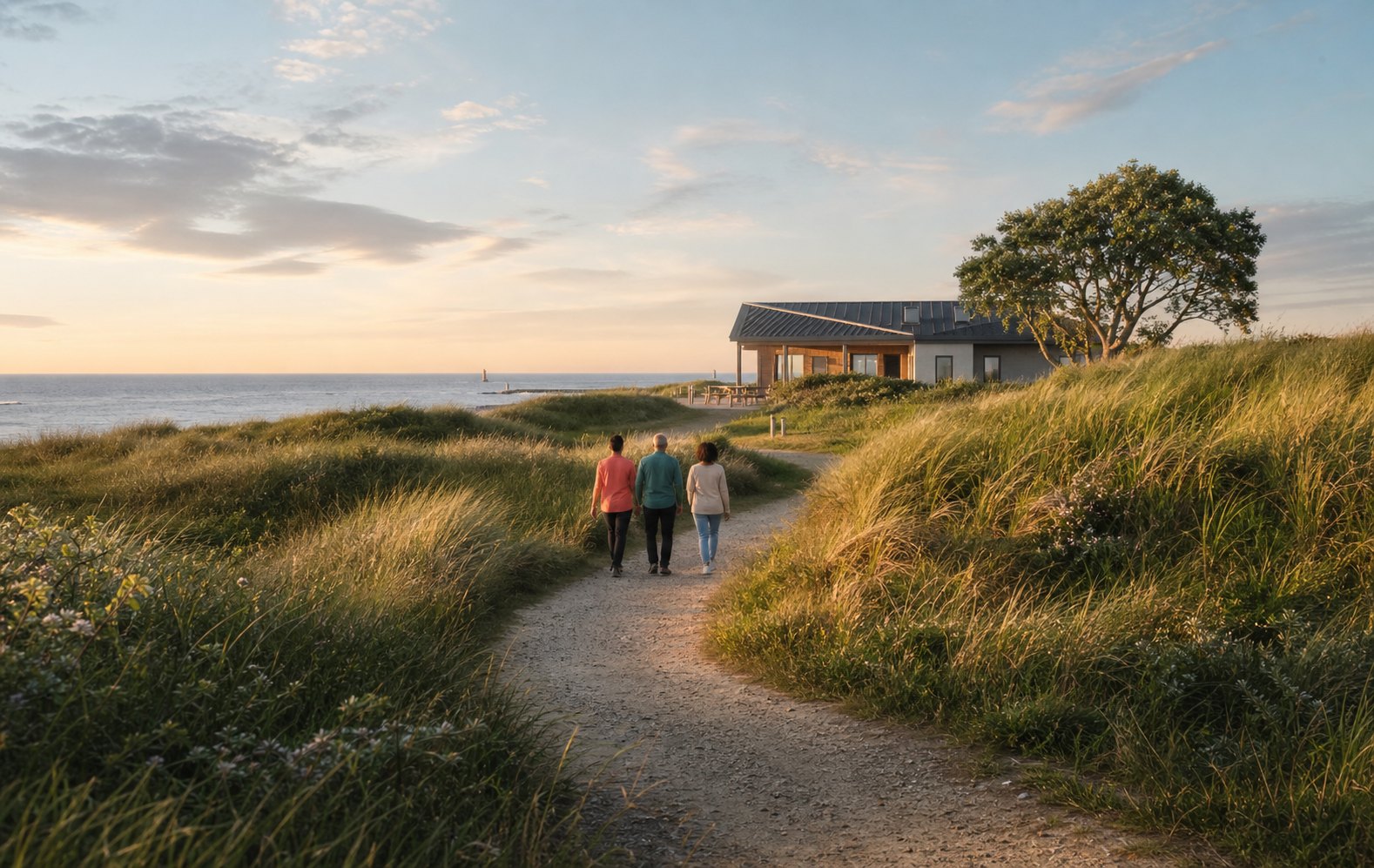 Drie mensen wandelen samen door de Zeeuwse natuur naar een veilige plek
